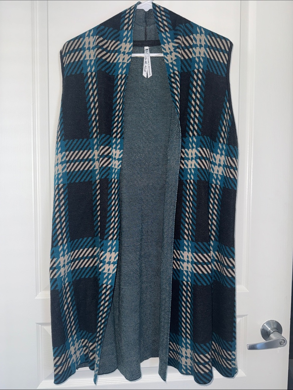 Open-Front Long Plaid Sweater Vest